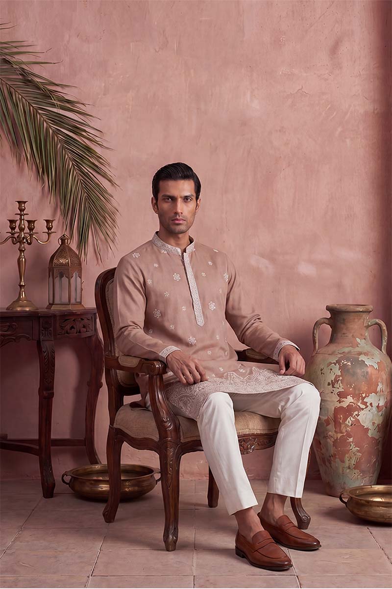 Mens Pink Silk Blend Solid Embroidered Kurta With Trousers | SHOBITAM