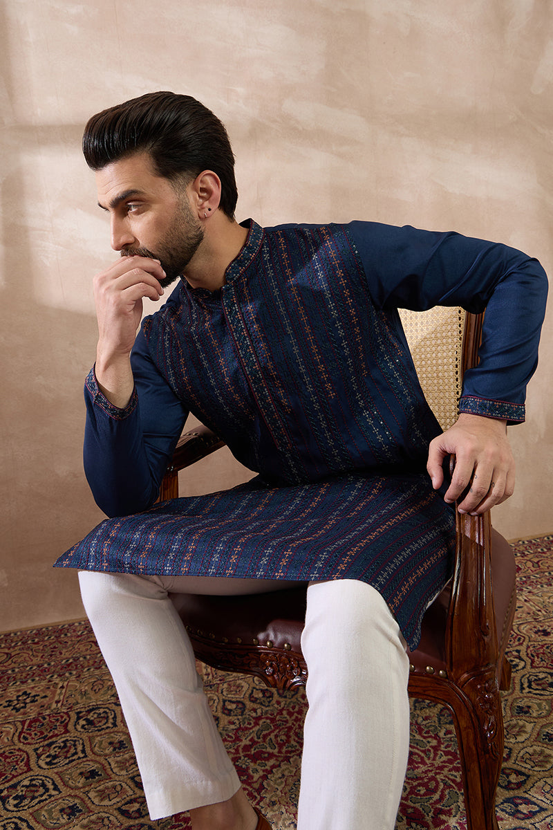 Navy Blue Silk Blend Embroidered Mandarin Collar Straight Kurta For Men | SHOBITAM