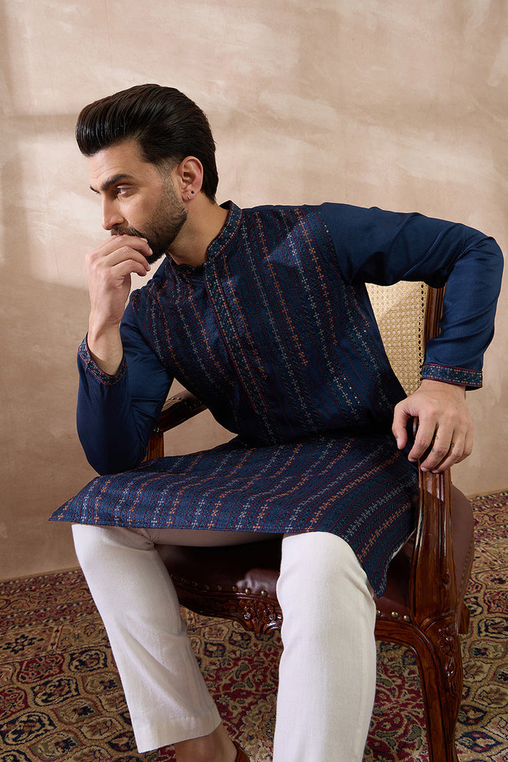 Navy Blue Silk Blend Embroidered Mandarin Collar Straight Kurta For Men | SHOBITAM