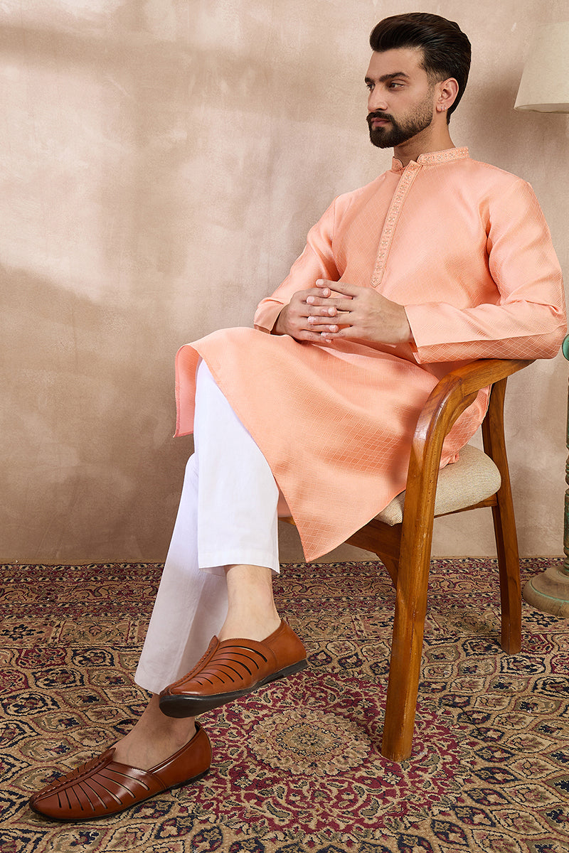 Peach Silk Blend Solid Embroidered Straight Kurta With Trouser | SHOBITAM