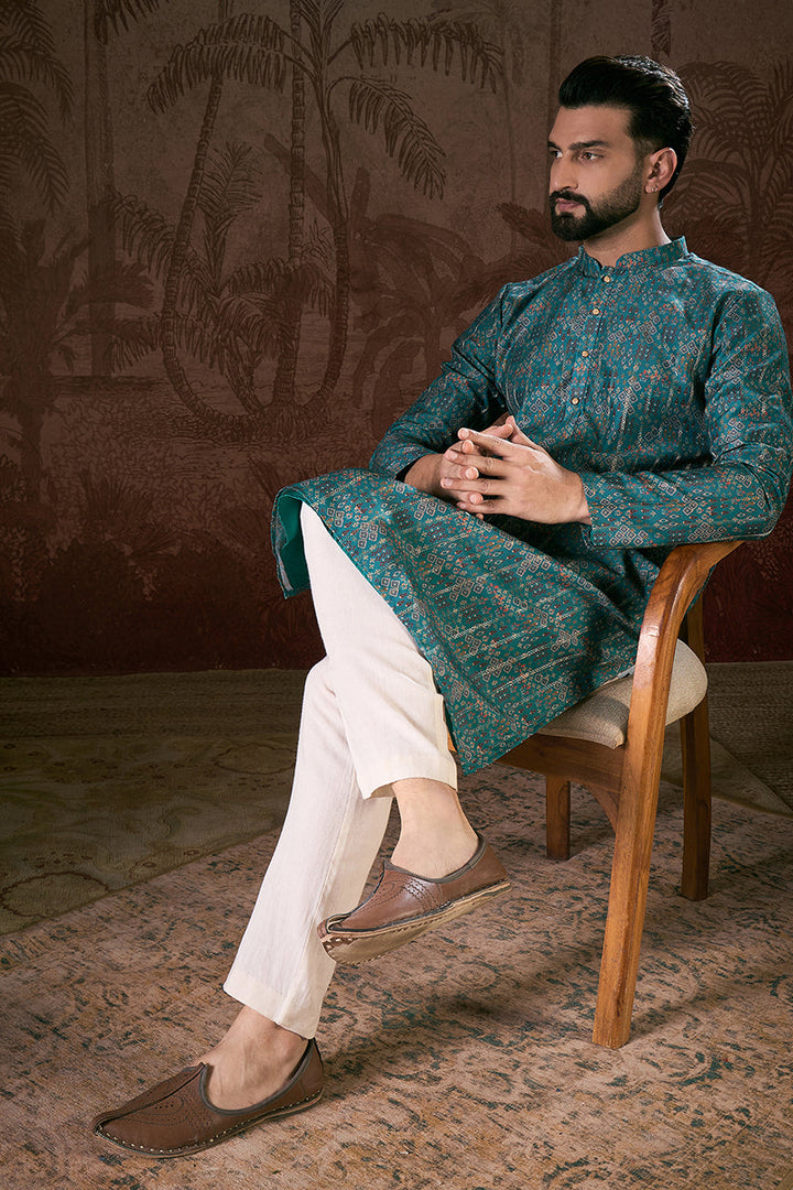 Blue Silk Blend Ethnic Motifs Printed Straight Kurta For Men | SHOBITAM
