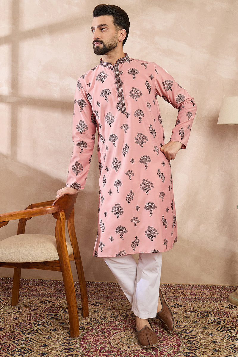 Peach Silk Blend Solid Embroidered Straight Kurta With Trouser For Men | SHOBITAM