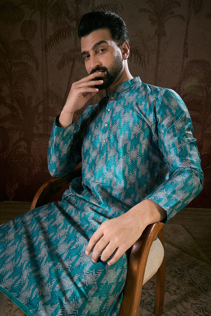 Turquoise Blue Silk Blend Chevron Printed Straight Kurta For Men | SHOBITAM