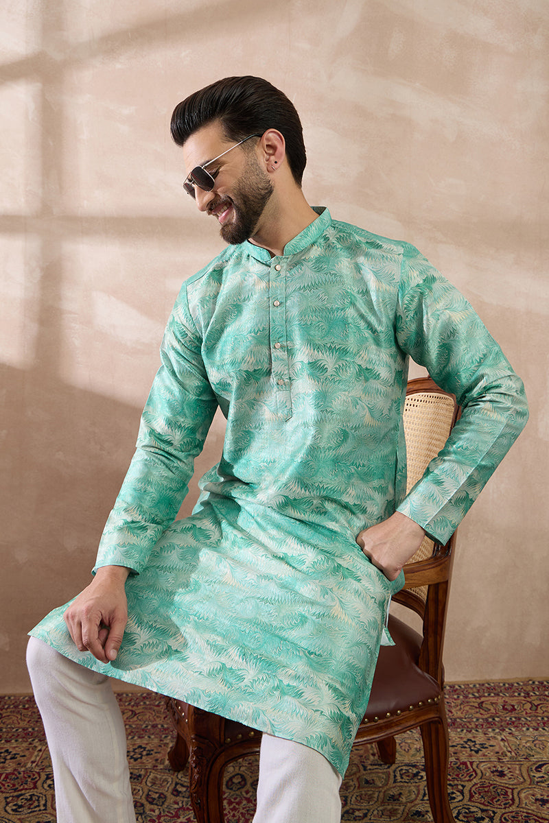 Green Silk Blend Printed Mandarin Collar Straight Kurta With Trouser | SHOBITAM