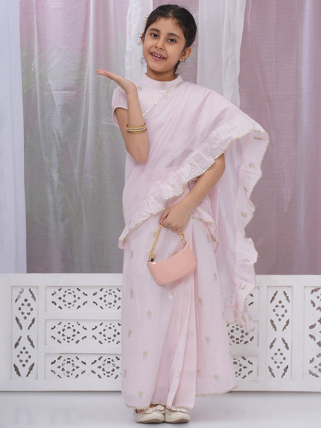 Girls Cotton Puff Sleeves Rose Embroidery Ready to wear Blouse with Ready to wear Chanderi Ruffle Saree - Pink | SHOBITAM