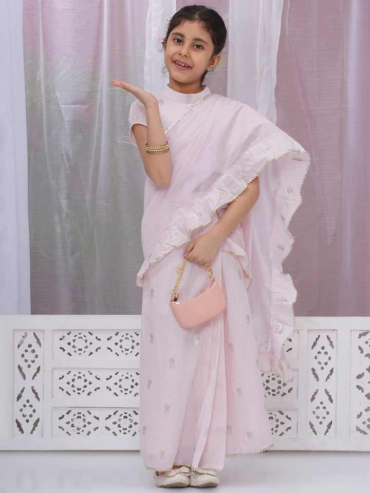 Girls Cotton Puff Sleeves Rose Embroidery Ready to wear Blouse with Ready to wear Chanderi Ruffle Saree - Pink | SHOBITAM