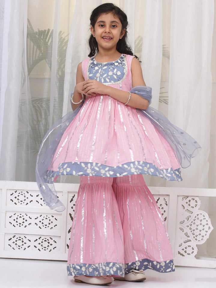 Girls Cotton Sleeveless White Thread Floral Embroidery Kurta Frock with Sharara and Dupatta - Pink | SHOBITAM