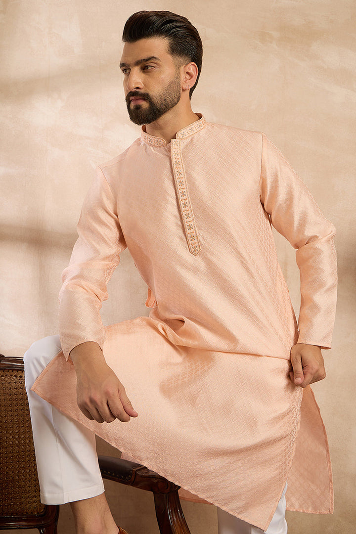 Peach Polyester Solid Embroidered Straight Kurta With Trouser | SHOBITAM