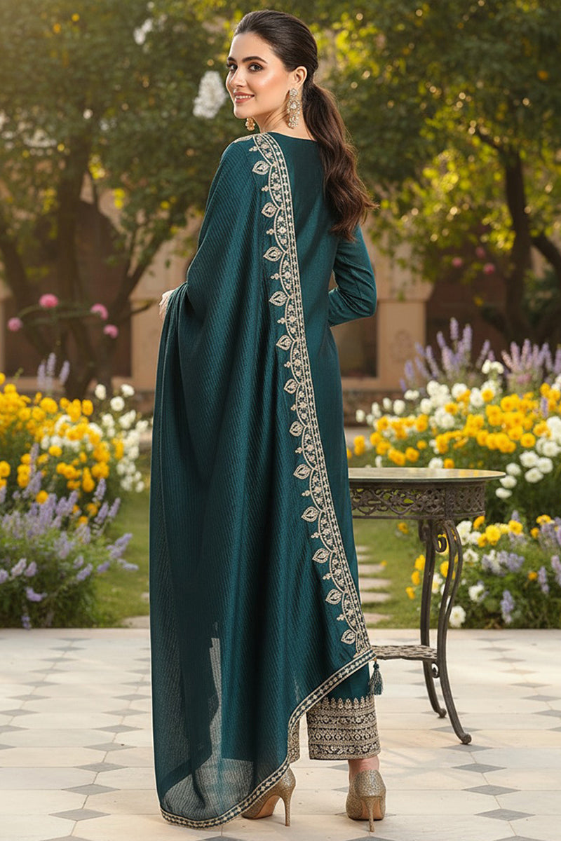 Green Silk Blend Solid Embroidered Straight Suit Set | SHOBITAM