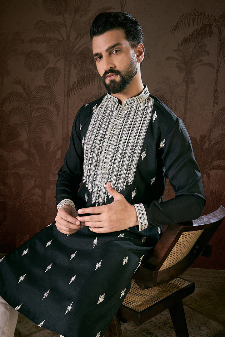 Black Silk Blend Solid Embroidered Straight Kurta With Trouser | SHOBITAM
