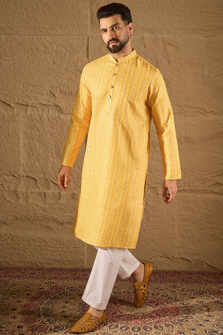 Yellow Silk Blend Geometric Embroidered Straight Kurta with Trouser  | SHOBITAM