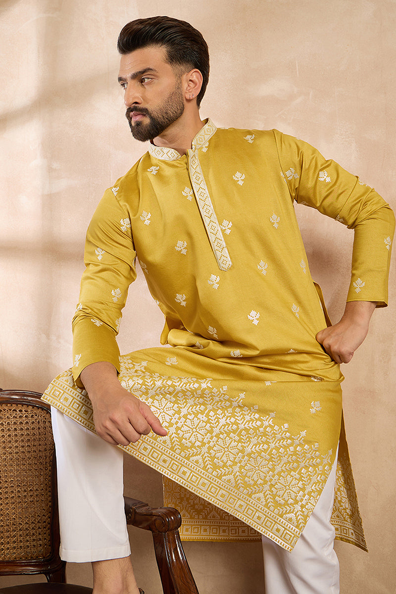 Yellow Polyester Solid Embroidered Straight Kurta With Trouser | SHOBITAM