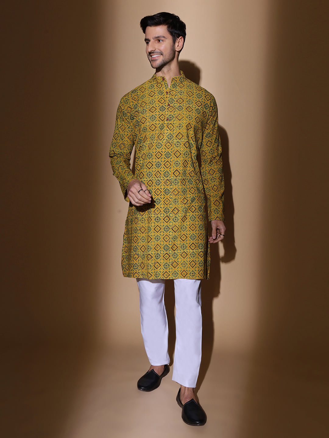 Soorma Men Ajrakh Print Cotton Kurta in Mustard Colour