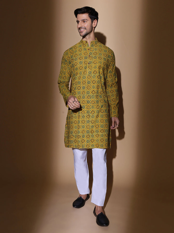 Soorma Men Ajrakh Print Cotton Kurta in Mustard Colour