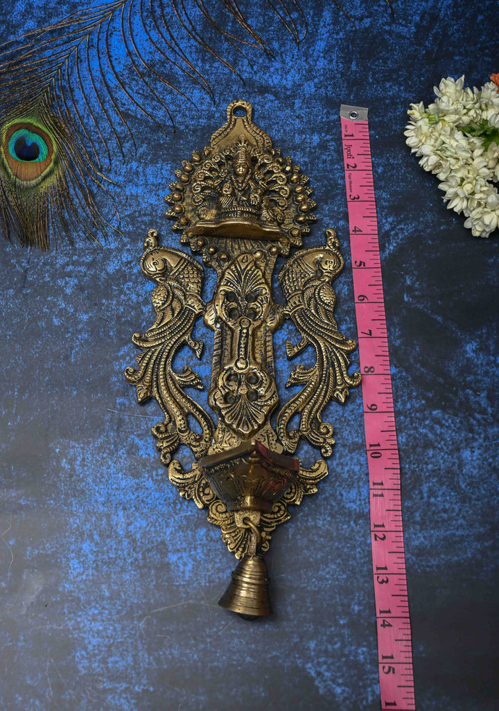 Antique Brass Lakshmi with Peacocks Wall Hanging Diya, Indian Decorative