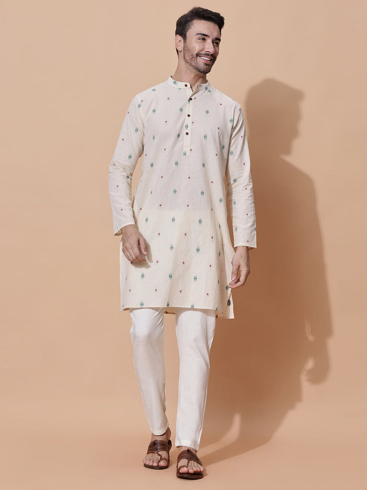 Hans Men Handloom Cotton Long Kurta in Cream