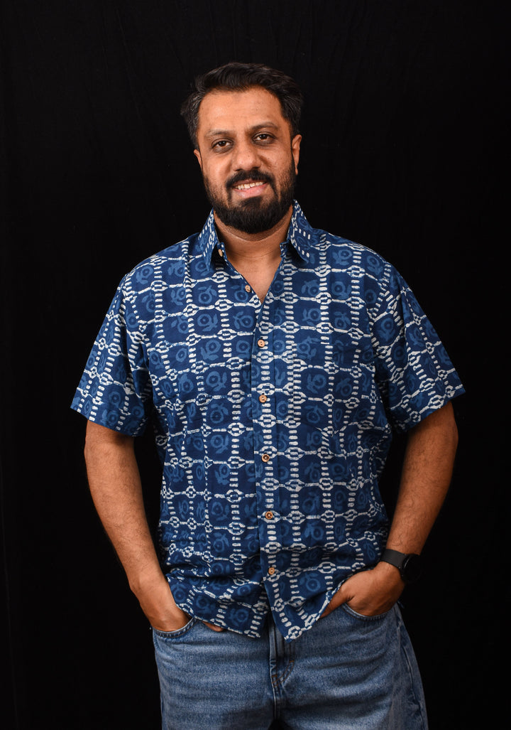 Blue White Handblock Printed Cotton Mens Shirt