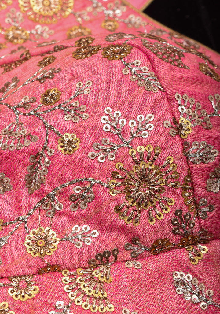 Carnation Pink sequin embroidery blouse with sheer puff sleeve | SHOBITAM