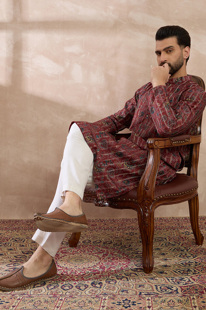 Maroon Silk Blend Printed Mandarin Collar Straight Kurta With Trouser | SHOBITAM
