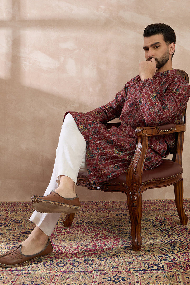 Maroon Silk Blend Printed Mandarin Collar Straight Kurta With Trouser | SHOBITAM