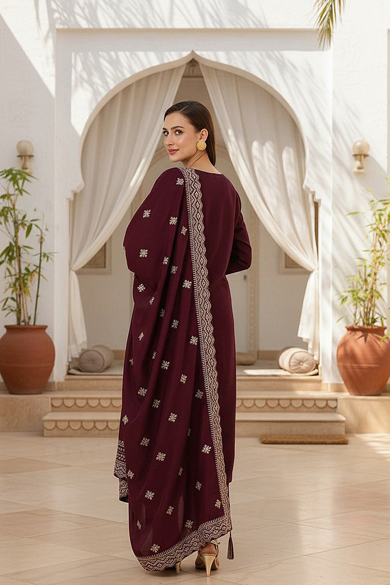 Burgundy Silk Blend Solid Straight Kurta Trousers With Dupatta  | SHOBITAM