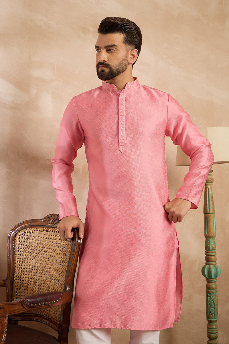 Pink Polyester Solid Embroidered Straight Kurta For Men | SHOBITAM