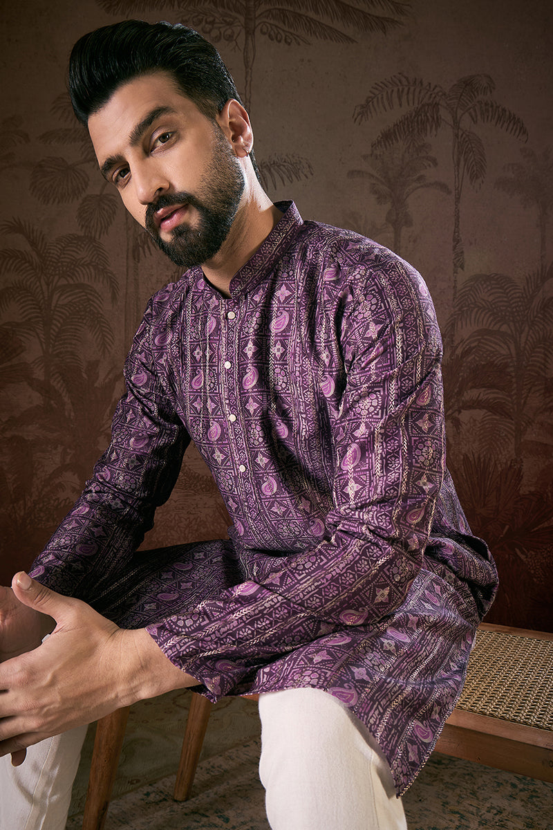Purple Silk Blend Ethnic Motifs Printed Straight Kurta For Men | SHOBITAM