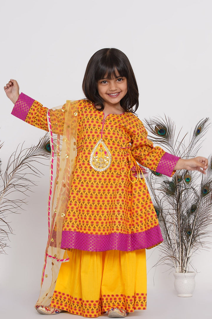 Girls Cotton Jaipuri Princecut Kurta frock with buti work, Sharara, and Dupatta | SHOBITAM
