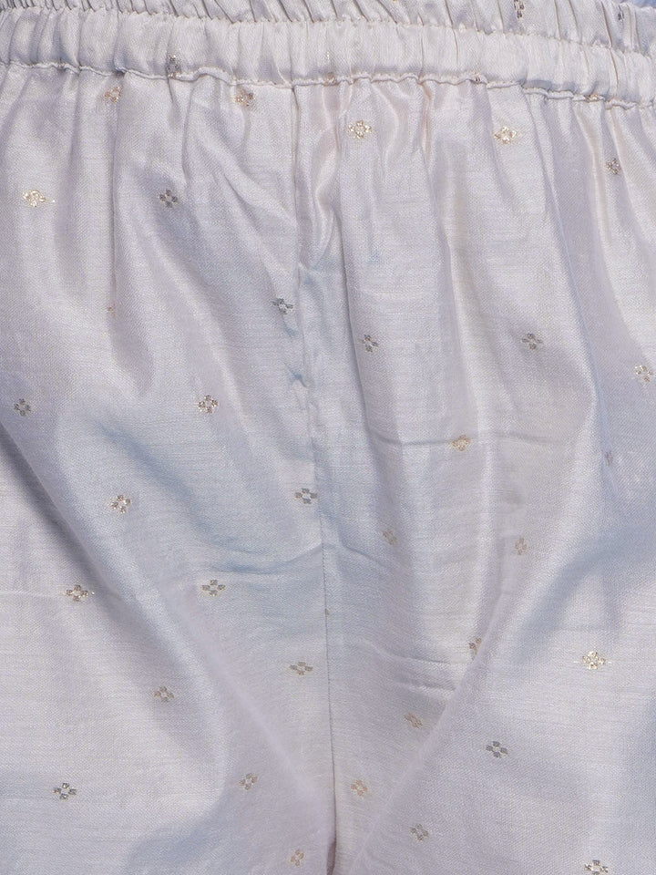 Girls Chanderi Cotton Three Fourth Sleeves Kurta with Attached Floral Jacket and Plazzo with Dupatta Adorned by Lace & Tussel work - Cream | SHOBITAM