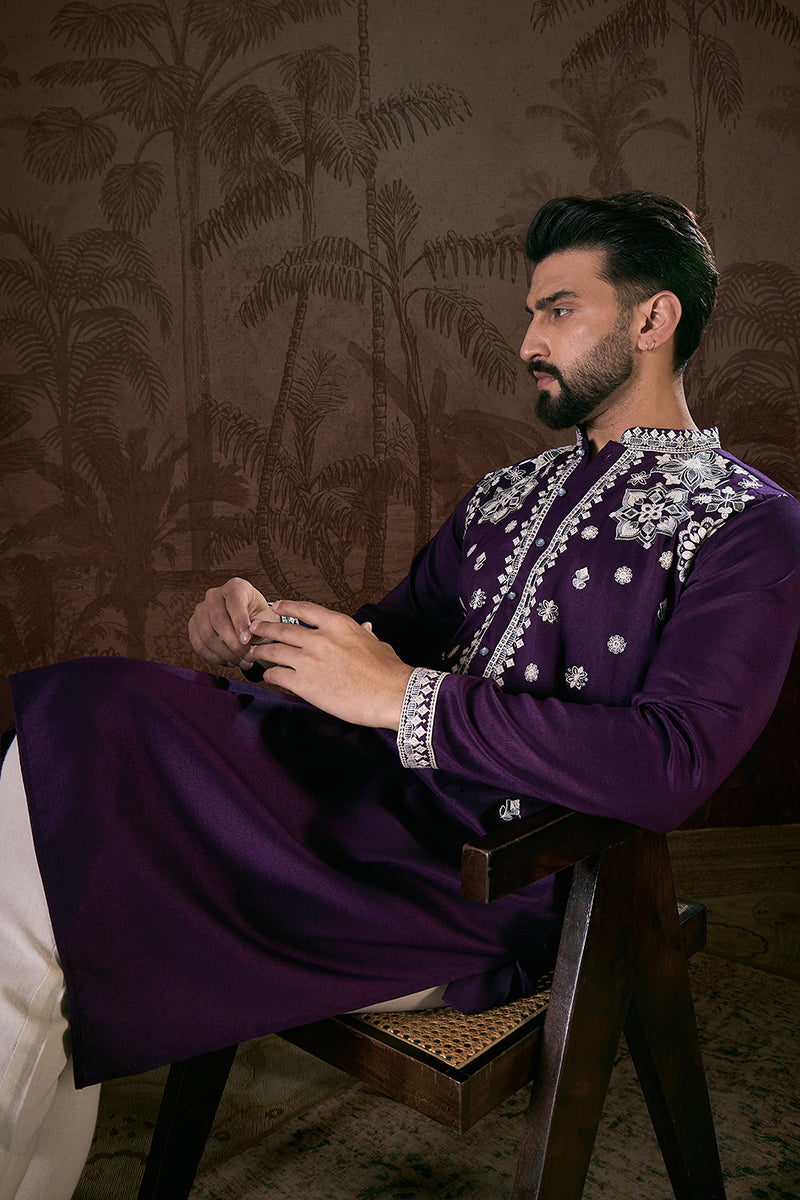 Purple Silk Blend Solid Embroidered Straight Kurta | SHOBITAM
