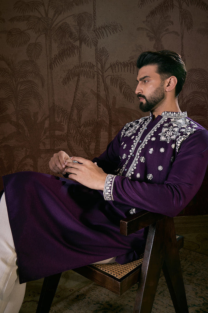 Purple Silk Blend Solid Embroidered Straight Kurta | SHOBITAM