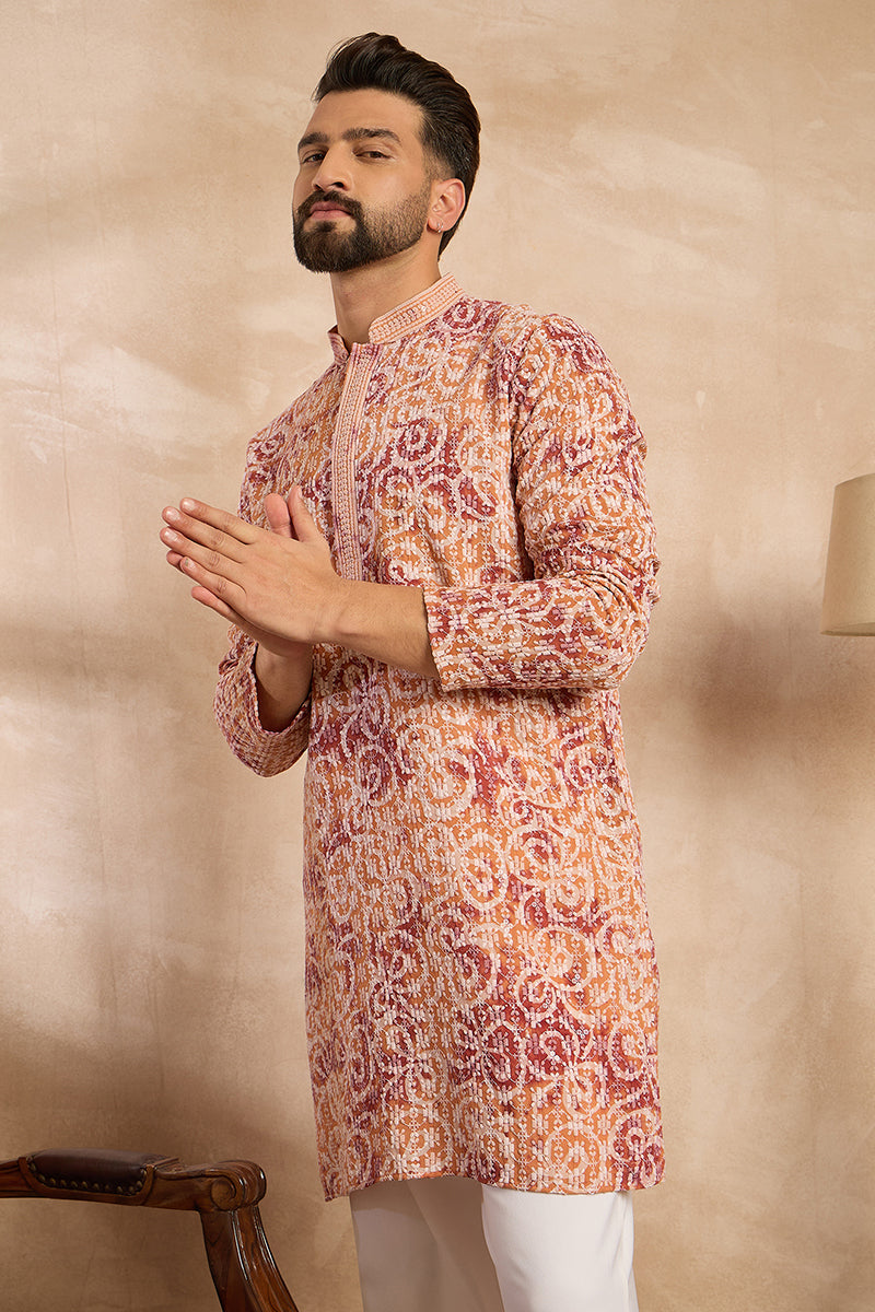 Orange Viscose Rayon Batik Embroidered Straight Kurta | SHOBITAM