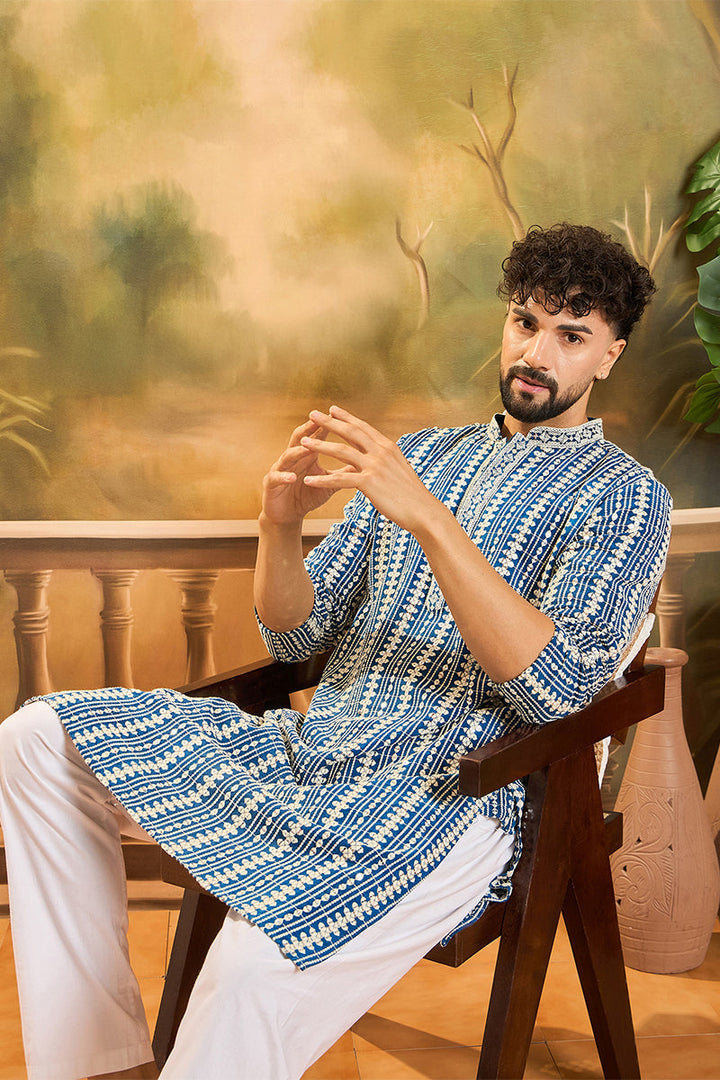 Blue Viscose Rayon Embroidered Straight Kurta | SHOBITAM