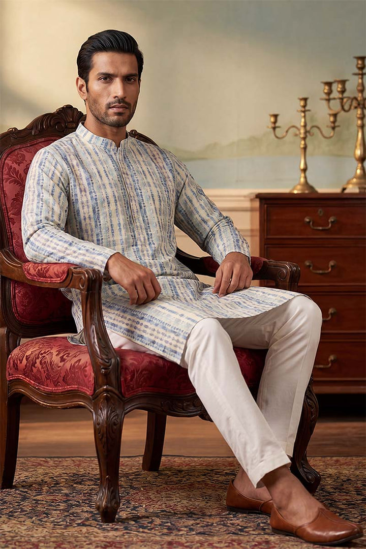 Mens Multi Silk Blend Abstract Printed Kurta With Trousers