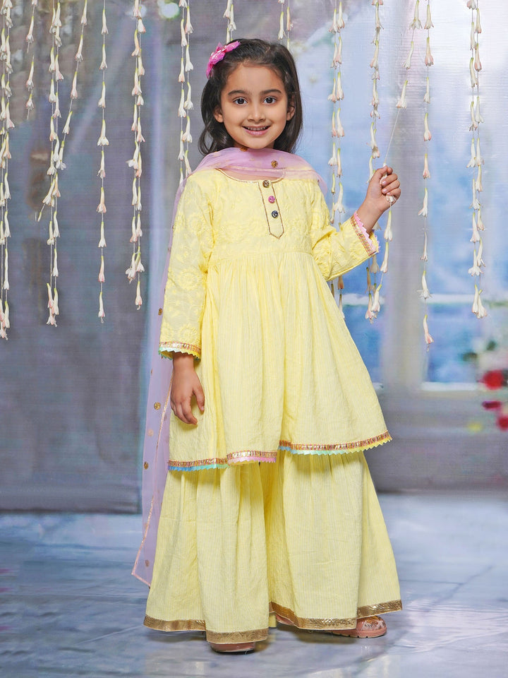 Floral Embroidery Kurta Sharara with Dupatta - Lemon Yellow | SHOBITAM