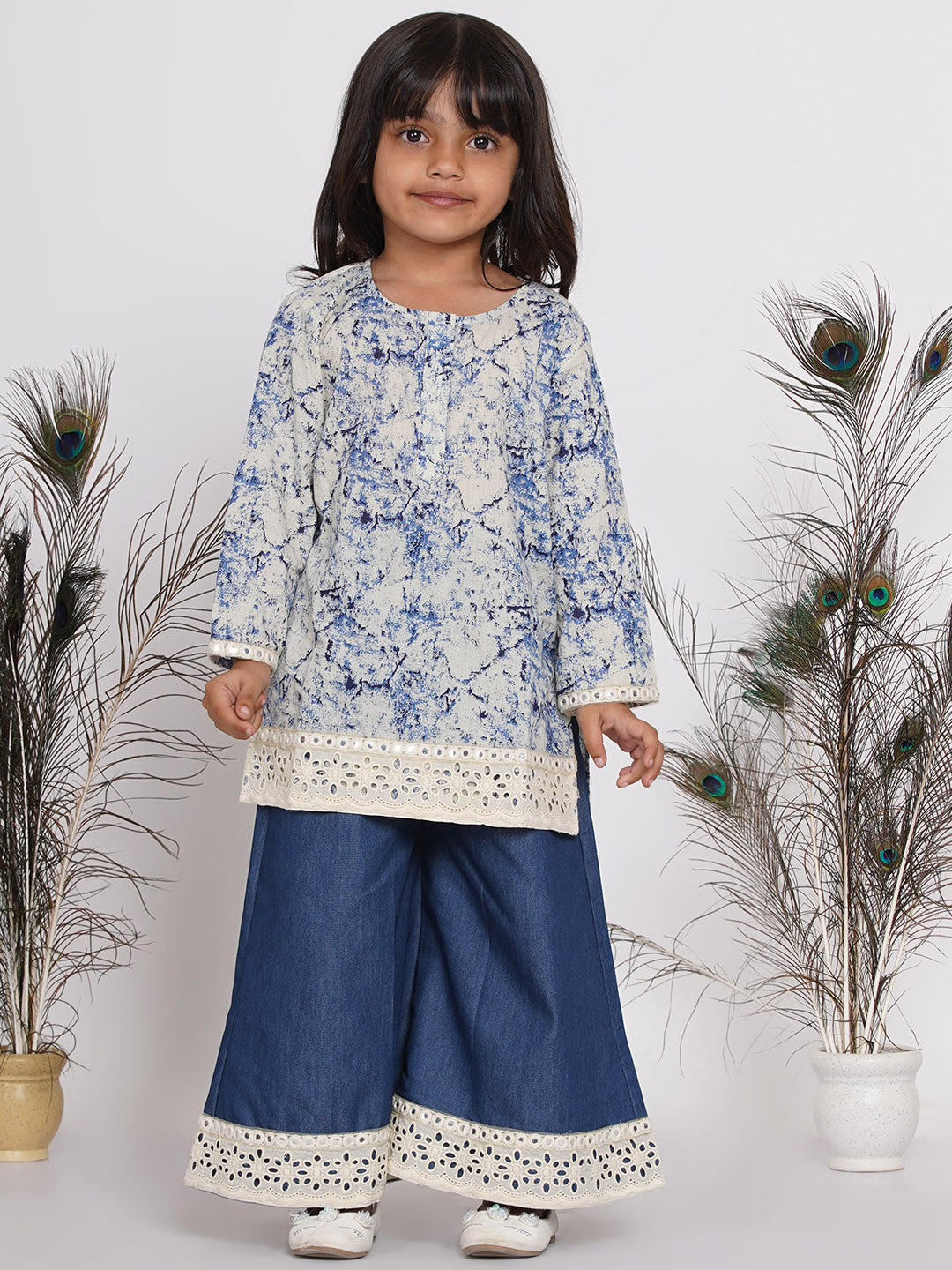 Girls Denim Jacket and Kurta with Patchwork Plazzo - Denim Blue  | SHOBITAM