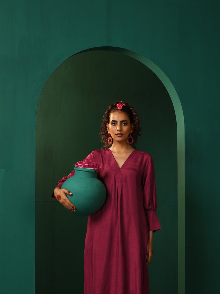 Maroon Silk Puff Sleeve Kurta Pant Set | SHOBITAM