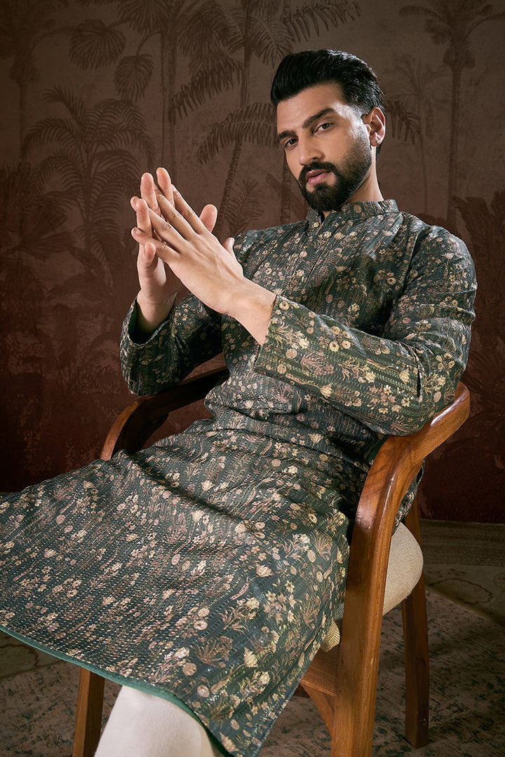 Olive Silk Blend Floral Printed Straight Kurta For Men | SHOBITAM