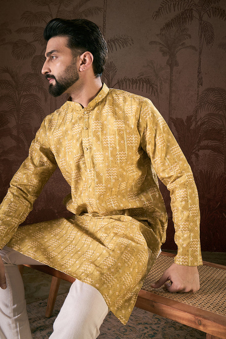 Mustard Silk Blend Ethnic Motifs Printed Straight Kurta With Trouser | SHOBITAM