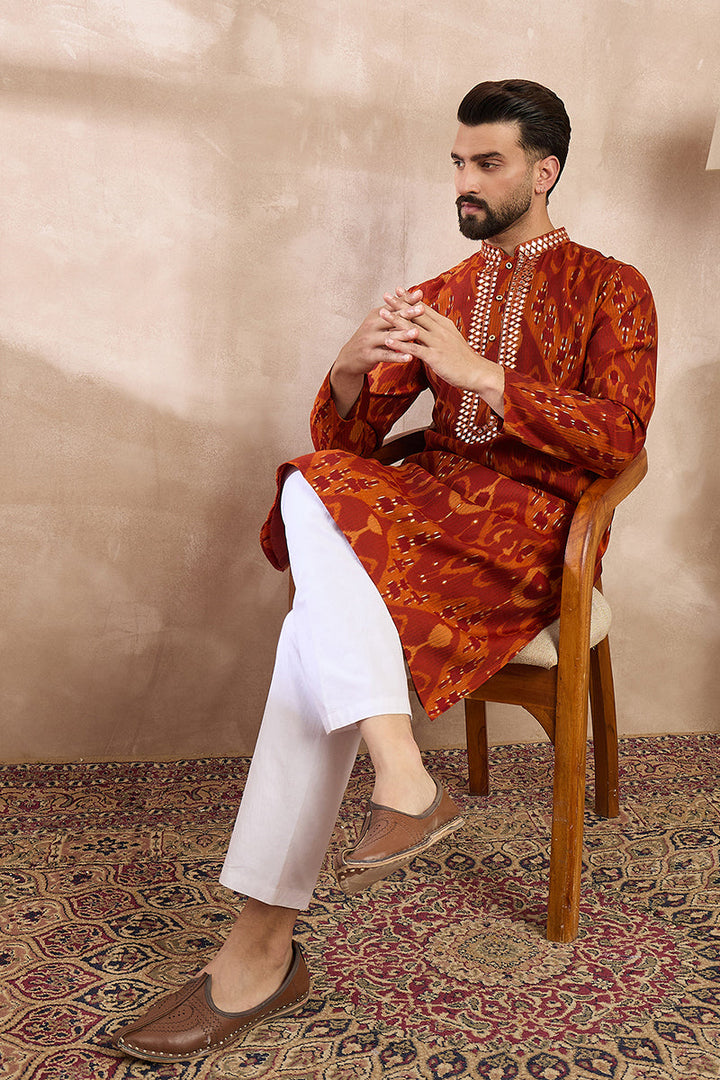 Orange Silk Blend Chevron Printed Straight Kurta For Men | SHOBITAM