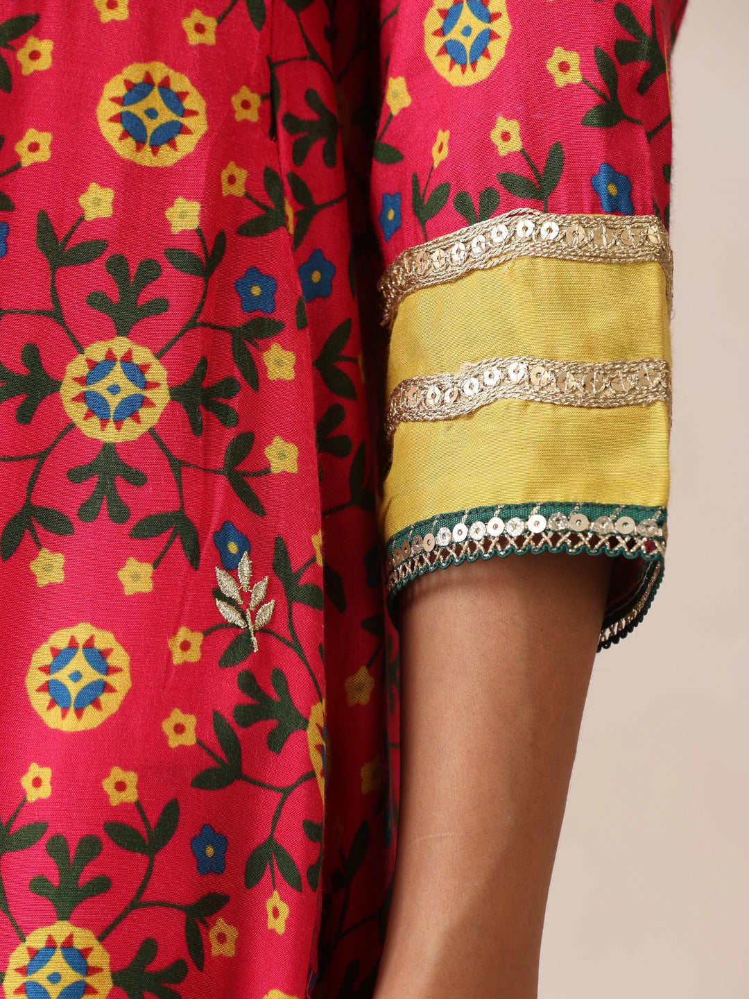 Pink Green Floral Print Viscose Anarkali Kurta Pants Dupatta Set | SHOBITAM
