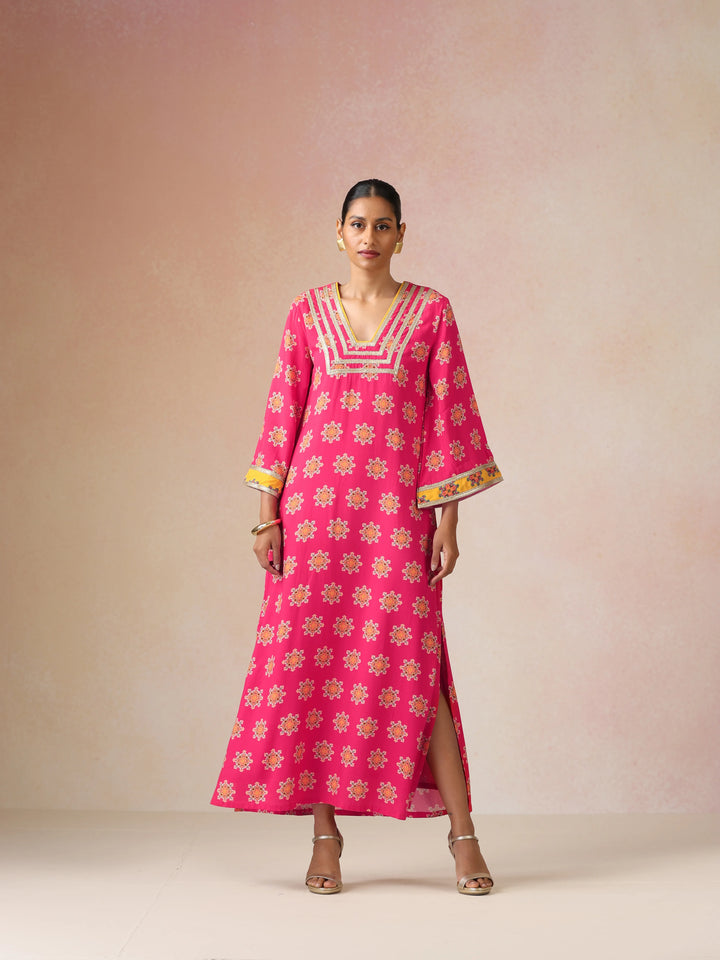 Pink Boota Print Viscose Straight Maxi Dress | SHOBITAM