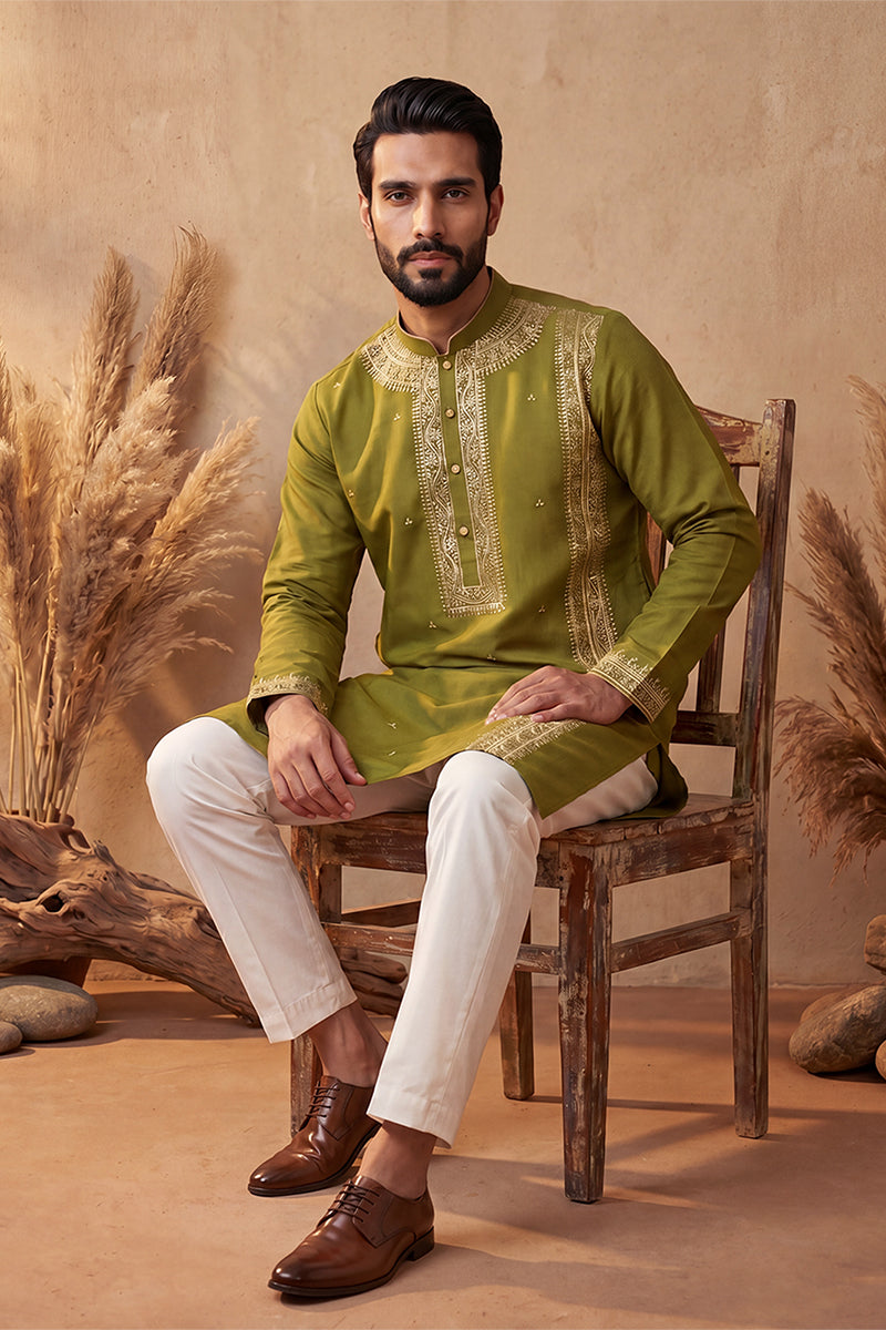 Mens Green Silk Blend Solid Emboidered Straight Kurta With Trouser | SHOBITAM