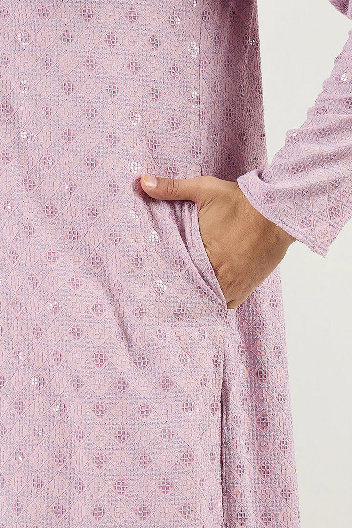 Purple Viscose Rayon Solid Embroidered Straight Kurta With Pant Set | SHOBITAM