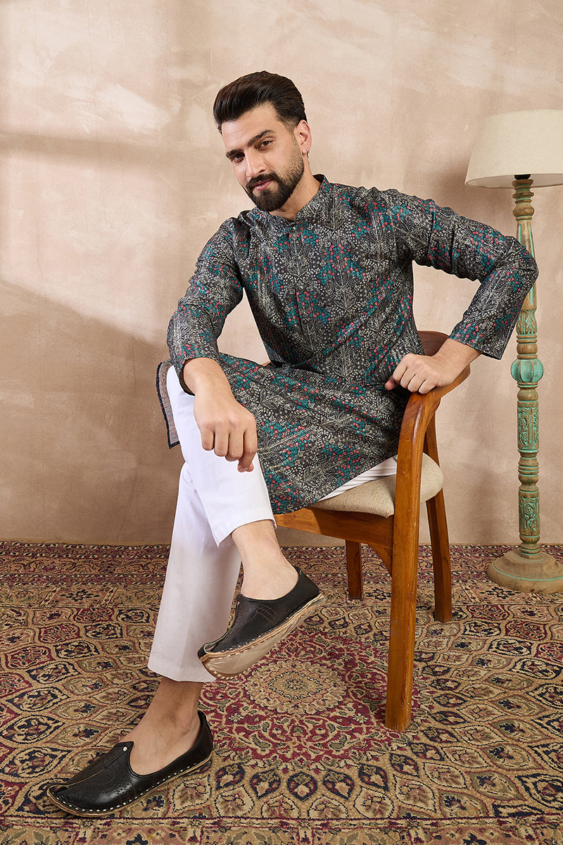 Black Silk Blend Floral Printed Straight Kurta With Trouser | SHOBITAM