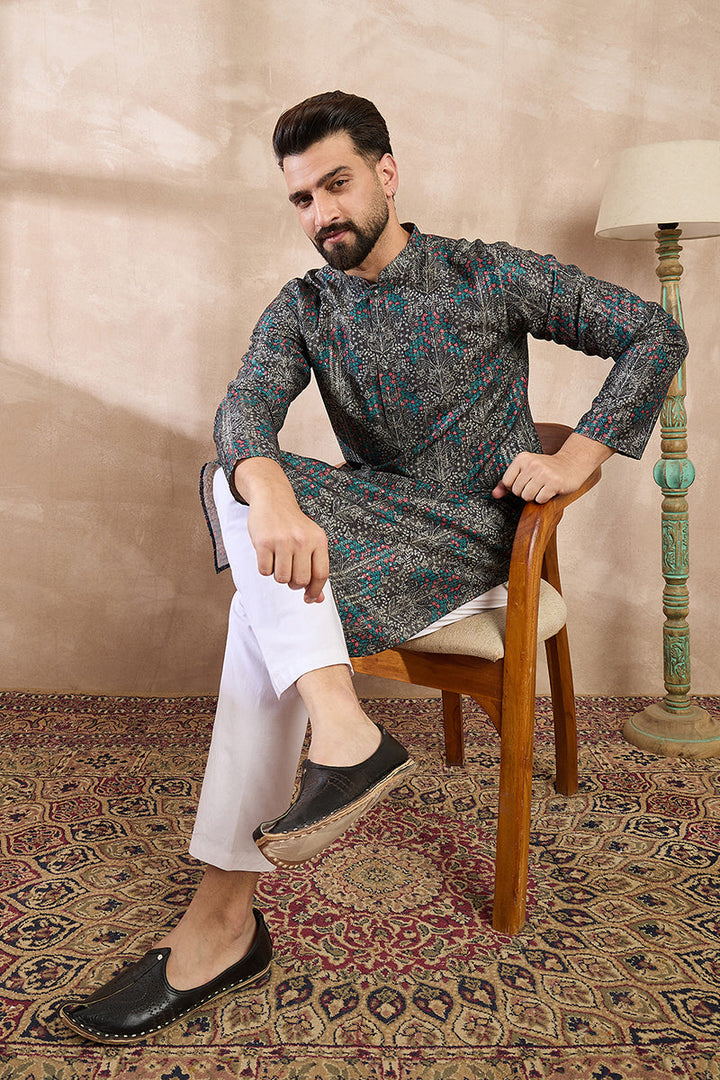 Black Silk Blend Floral Printed Straight Kurta With Trouser | SHOBITAM
