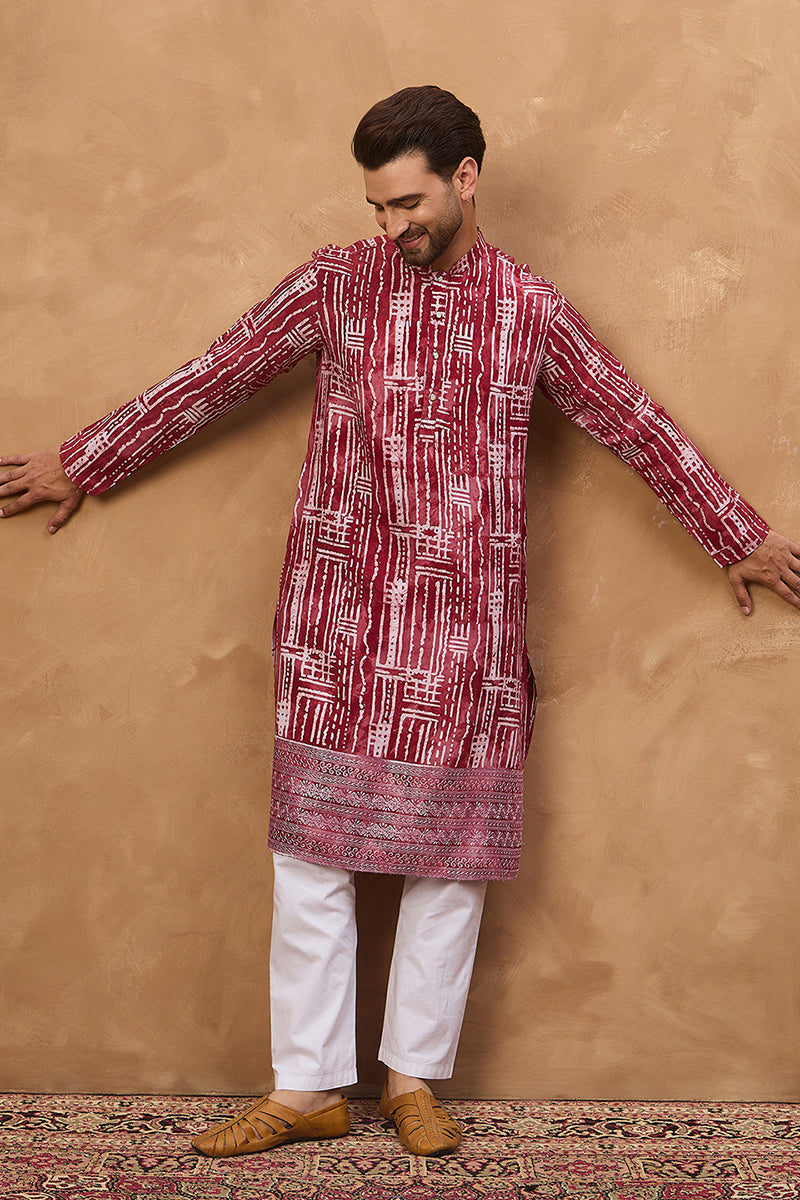 Red Viscose Rayon Batik Embroidered Straight Kurta | SHOBITAM