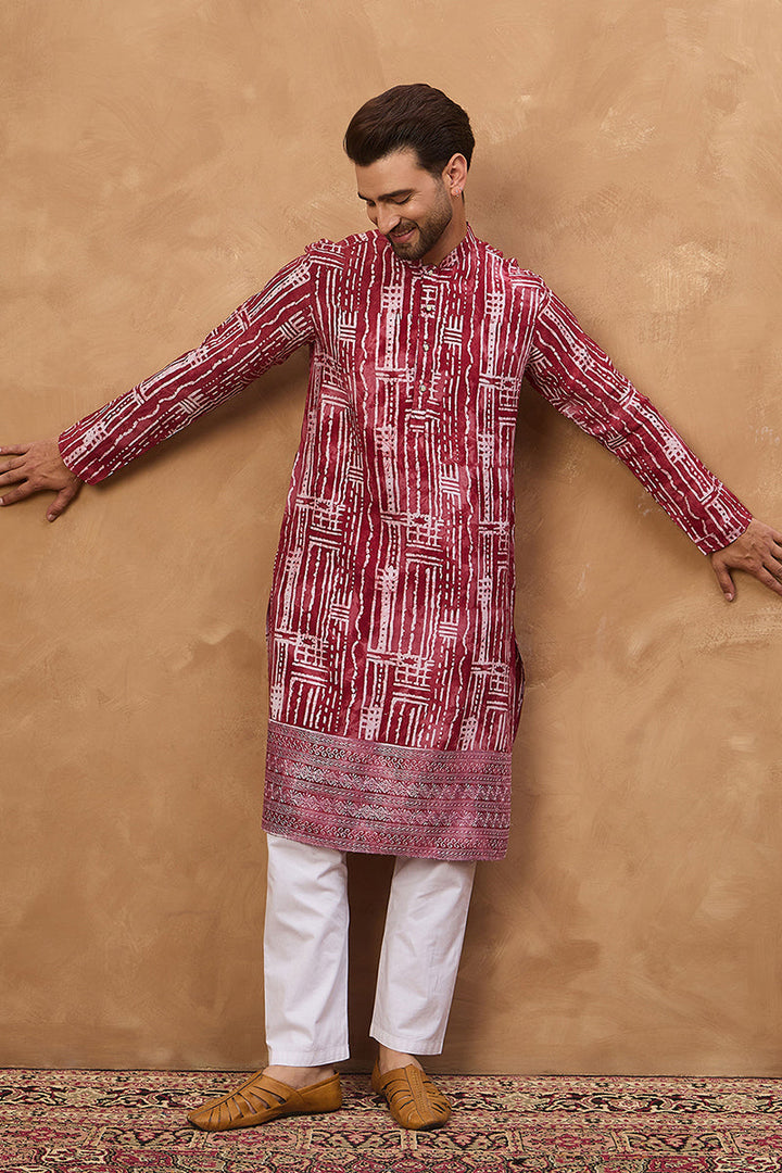 Red Viscose Rayon Batik Embroidered Straight Kurta | SHOBITAM