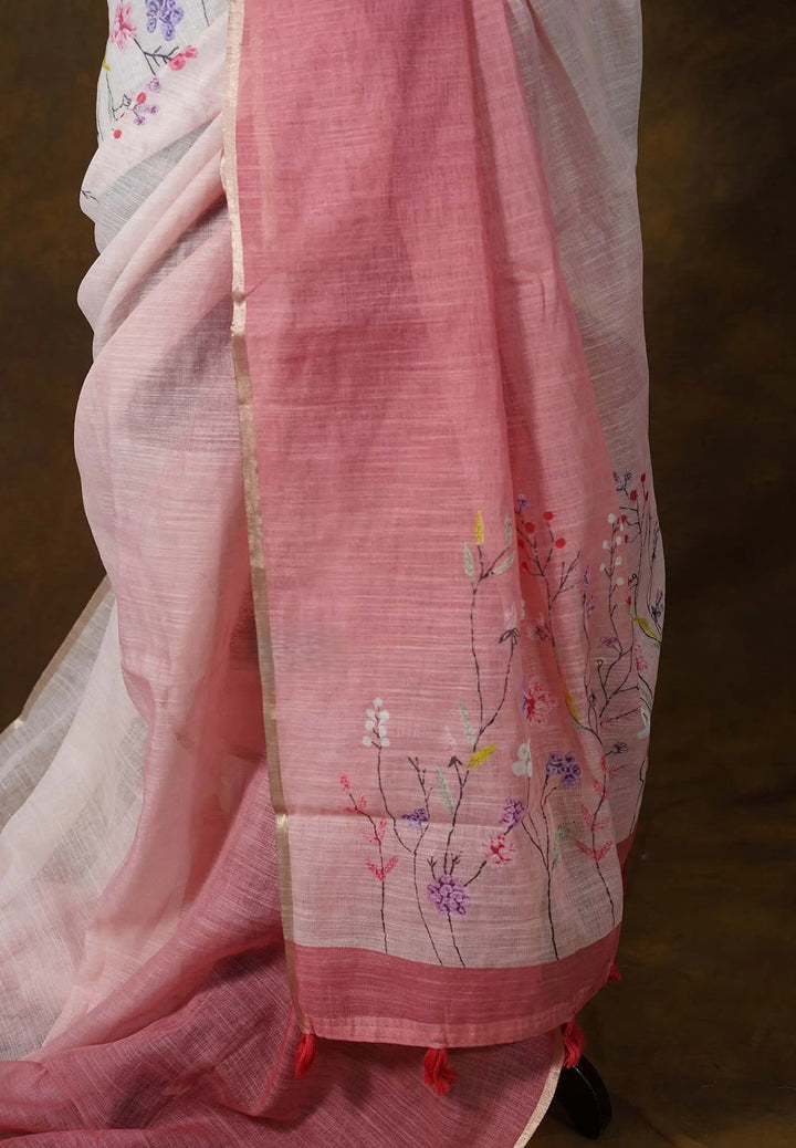 Preorder : Linen Cotton Saree with Gradient Ombre tone and Floral Digital Prints | SHOBITAM