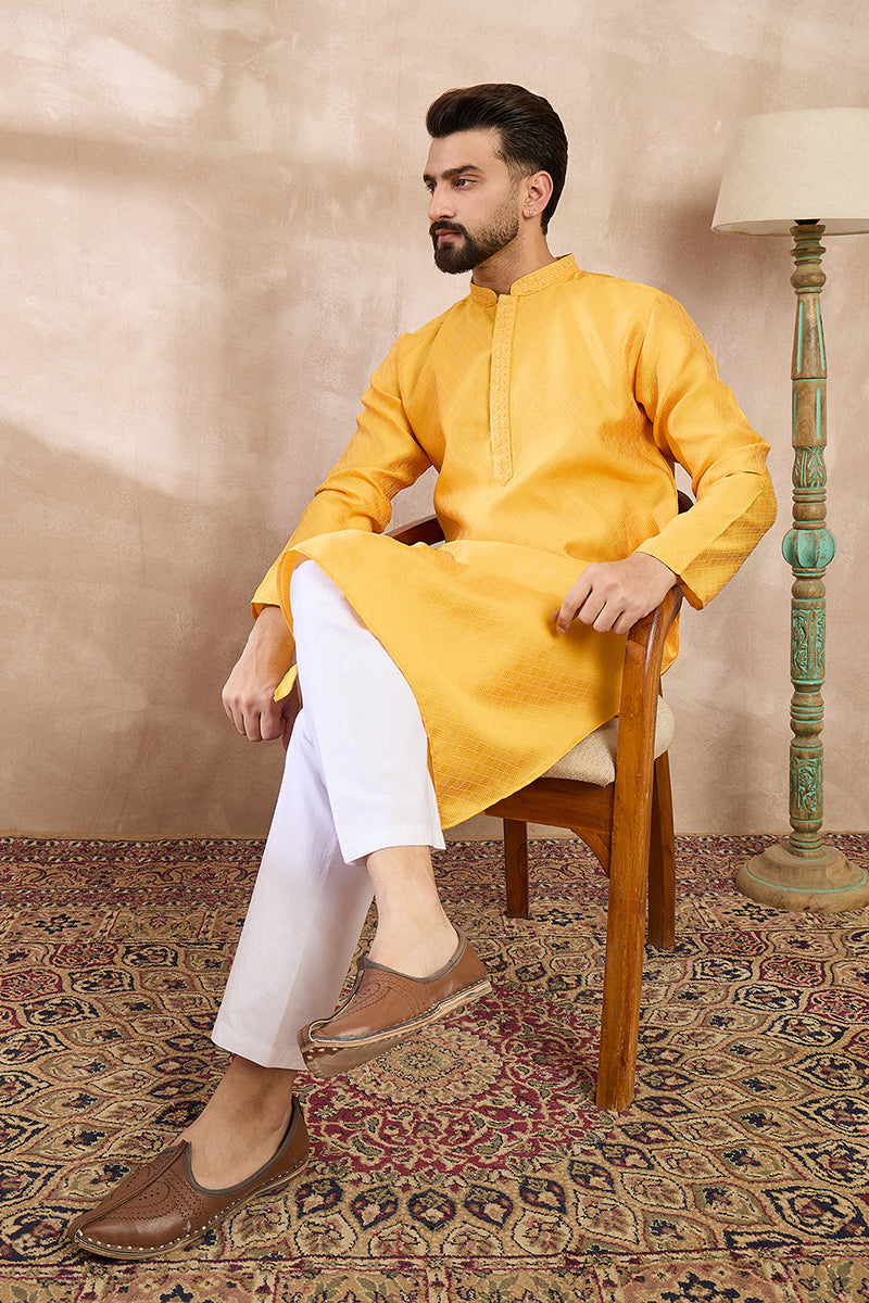 Yellow Silk Blend Solid Embroidered Straight Kurta With Trouser | SHOBITAM